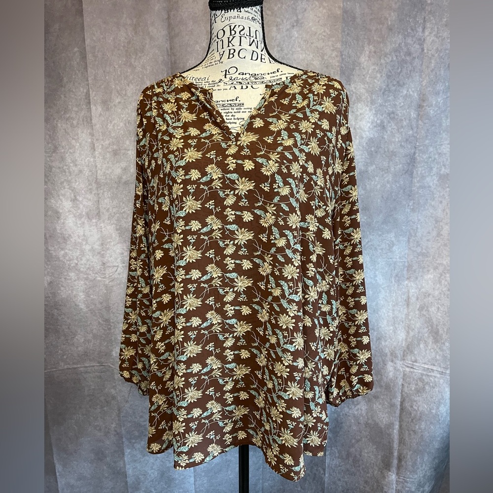 Monday Fun Stitch Fix Split Neck Floral Brown Women's Blouse - Picture 2 of 7